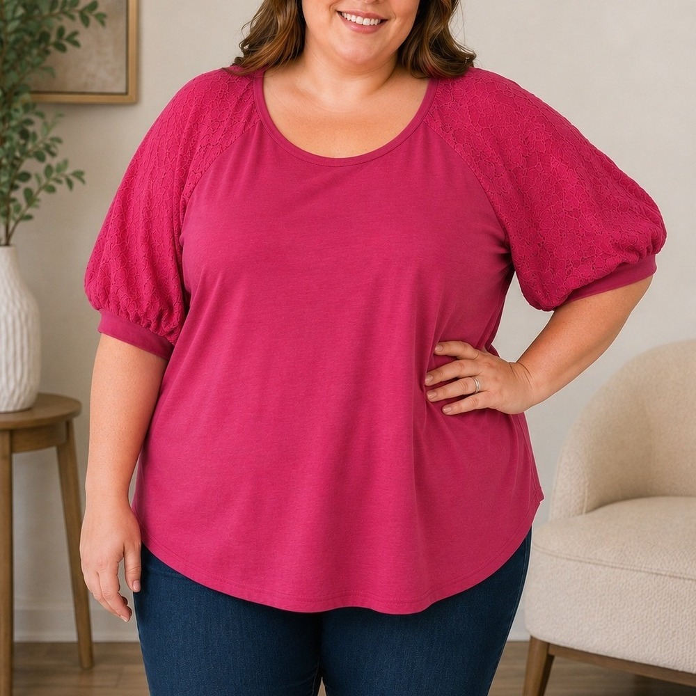 SHEIN Curve Magenta Pink‎ Lace Raglan Sleeve Blouse Top Plus Size 3XL Feminine